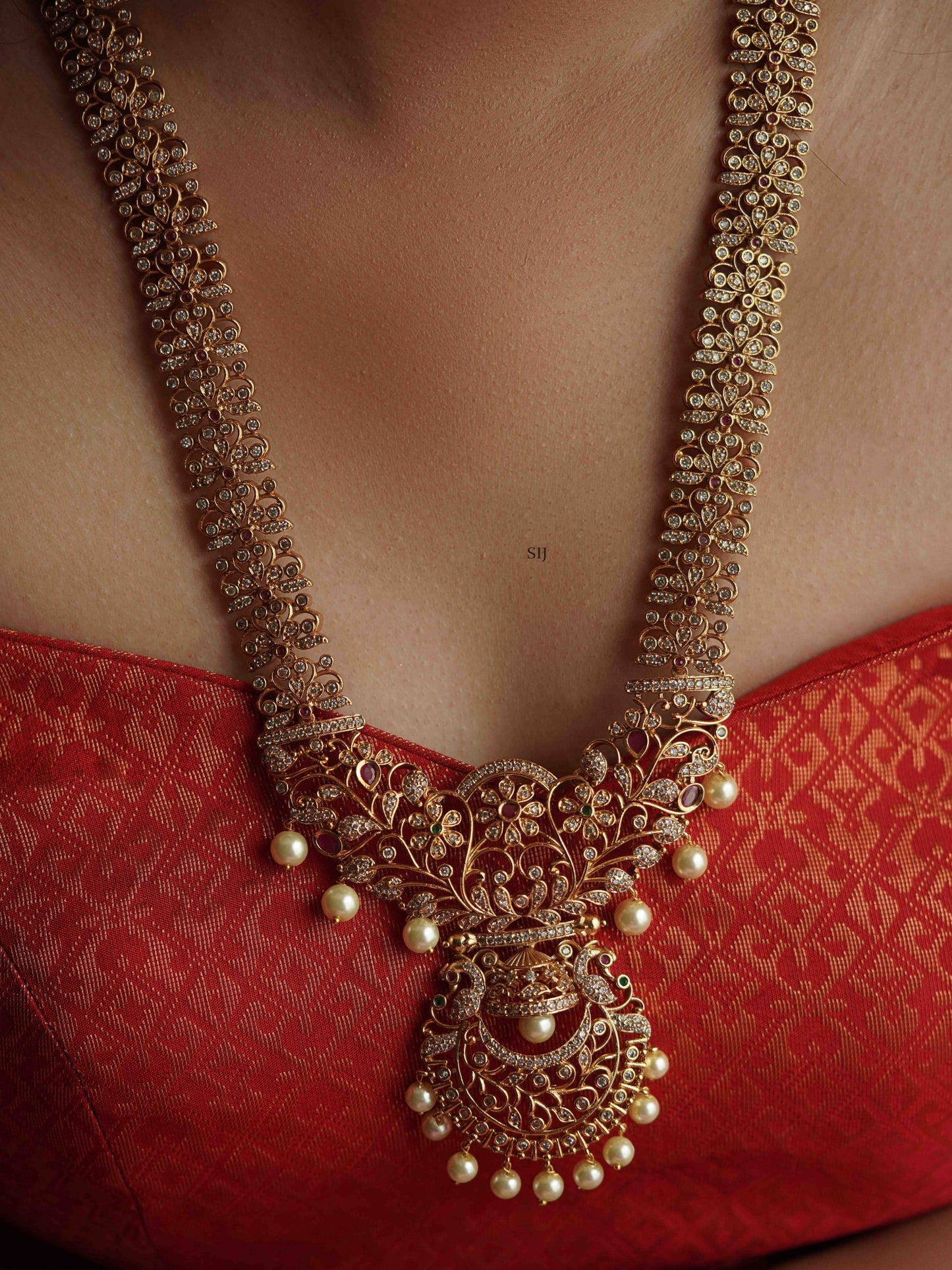 One Gram Gold AD White Stones Bridal Long Necklace