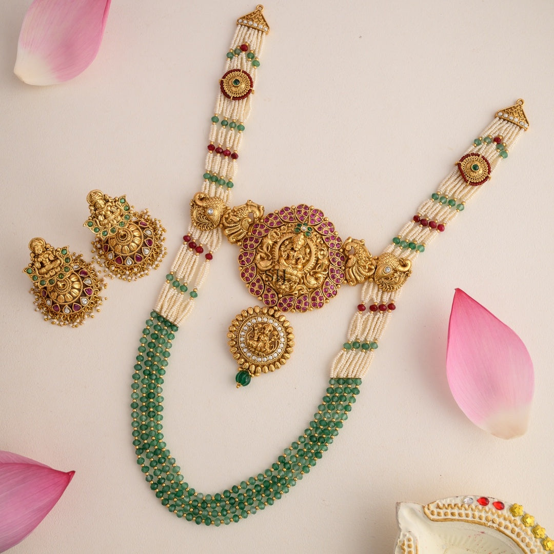 Green Beaded Lakshmi Bridal One Gram Gold Pearl Long Necklace