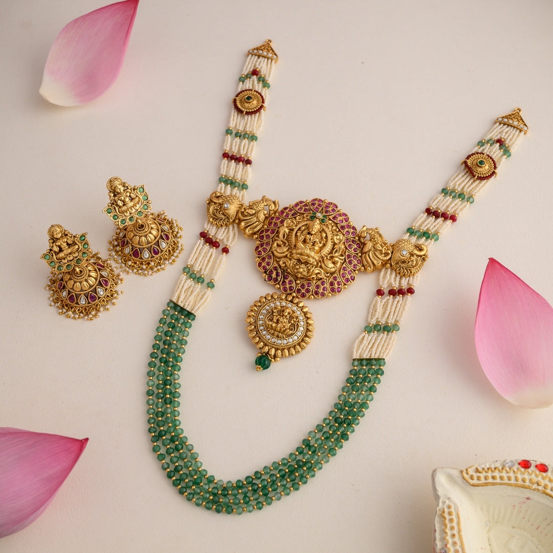 Green Beaded Lakshmi Bridal One Gram Gold Pearl Long Necklace